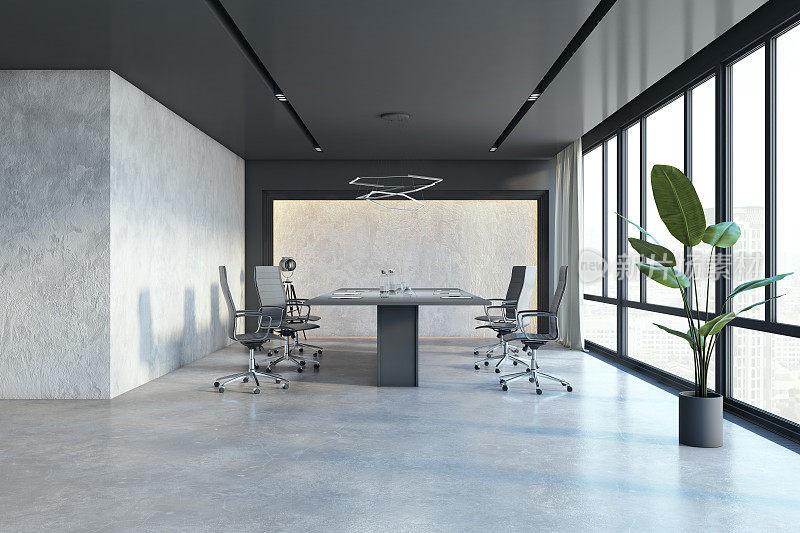 现代宽敞的会议室办公室内配有家具和全景窗户，可欣赏城市景观和日光。3 d渲染。